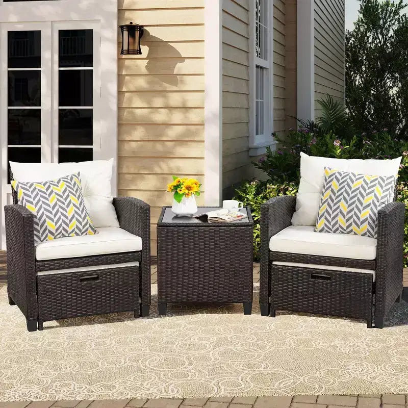 Celebalcony 5 Piece Patio Furniture Set, PE Wicker Rattan Patio Chairs Set of 2 with Cushions Ottomans &Glass Table for Porch Garden Off White