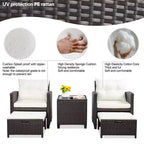 Celebalcony Ensemble de mobilier de terrasse 5 pièces, ensemble de 2 chaises de terrasse en osier PE avec coussins, poufs et table en verre pour porche et jardin, blanc cassé