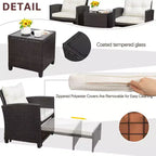 Celebalcony Ensemble de mobilier de terrasse 5 pièces, ensemble de 2 chaises de terrasse en osier PE avec coussins, poufs et table en verre pour porche et jardin, blanc cassé