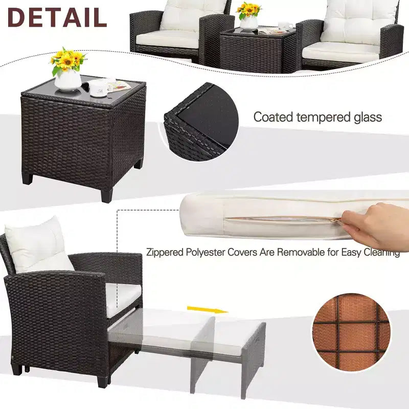 Celebalcony Ensemble de mobilier de terrasse 5 pièces, ensemble de 2 chaises de terrasse en osier PE avec coussins, poufs et table en verre pour porche et jardin, blanc cassé