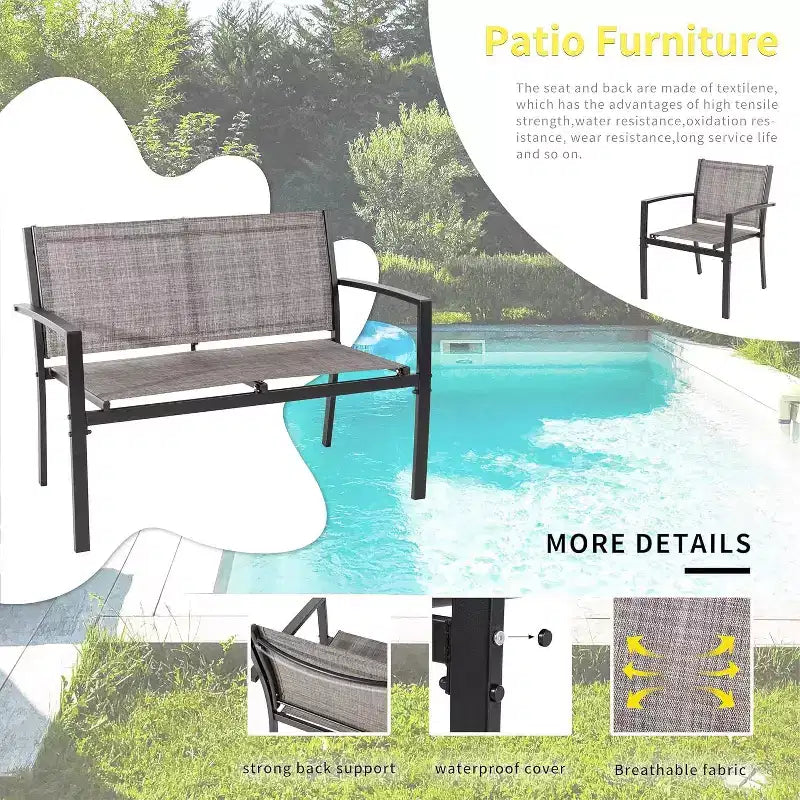 Ensemble de mobilier de terrasse Celebalcony de 4 pièces. Ensemble de conversation d’extérieur toutes saisons en textile avec table basse en verre, causeuse et 2 fauteuils individuels