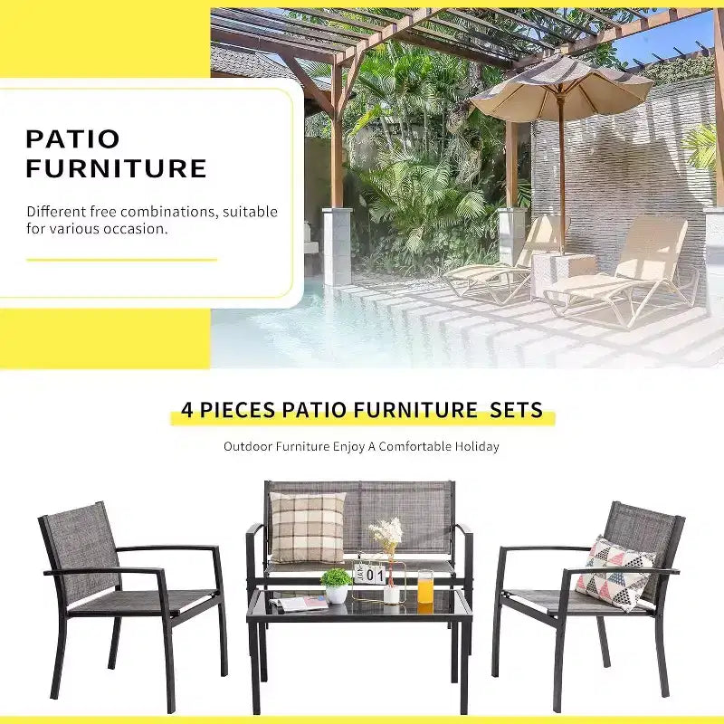 Ensemble de mobilier de terrasse Celebalcony de 4 pièces. Ensemble de conversation d’extérieur toutes saisons en textile avec table basse en verre, causeuse et 2 fauteuils individuels