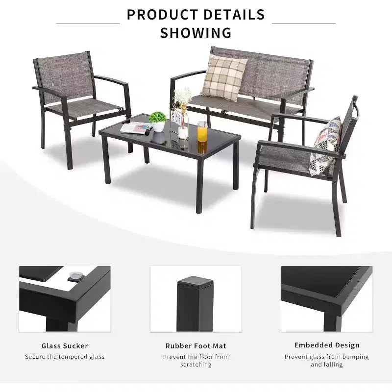 Ensemble de mobilier de terrasse Celebalcony de 4 pièces. Ensemble de conversation d’extérieur toutes saisons en textile avec table basse en verre, causeuse et 2 fauteuils individuels