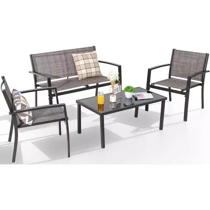 Ensemble de mobilier de terrasse Celebalcony de 4 pièces. Ensemble de conversation d’extérieur toutes saisons en textile avec table basse en verre, causeuse et 2 fauteuils individuels