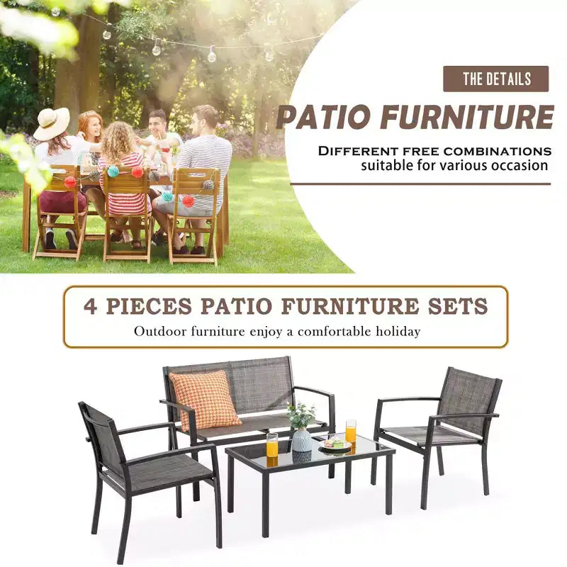 Ensemble de mobilier de terrasse Celebalcony de 4 pièces. Ensemble de conversation d’extérieur toutes saisons en textile avec table basse en verre, causeuse et 2 fauteuils individuels