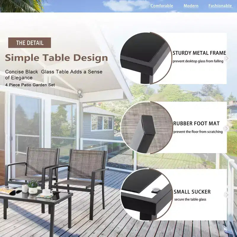Ensemble de mobilier de terrasse Celebalcony de 4 pièces. Ensemble de conversation d’extérieur toutes saisons en textile avec table basse en verre, causeuse et 2 fauteuils individuels