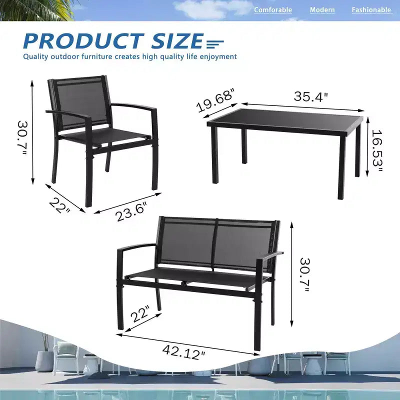 Ensemble de mobilier de terrasse Celebalcony de 4 pièces. Ensemble de conversation d’extérieur toutes saisons en textile avec table basse en verre, causeuse et 2 fauteuils individuels