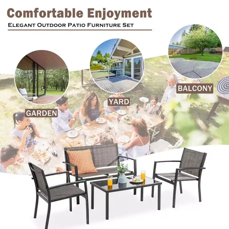Ensemble de mobilier de terrasse Celebalcony de 4 pièces. Ensemble de conversation d’extérieur toutes saisons en textile avec table basse en verre, causeuse et 2 fauteuils individuels