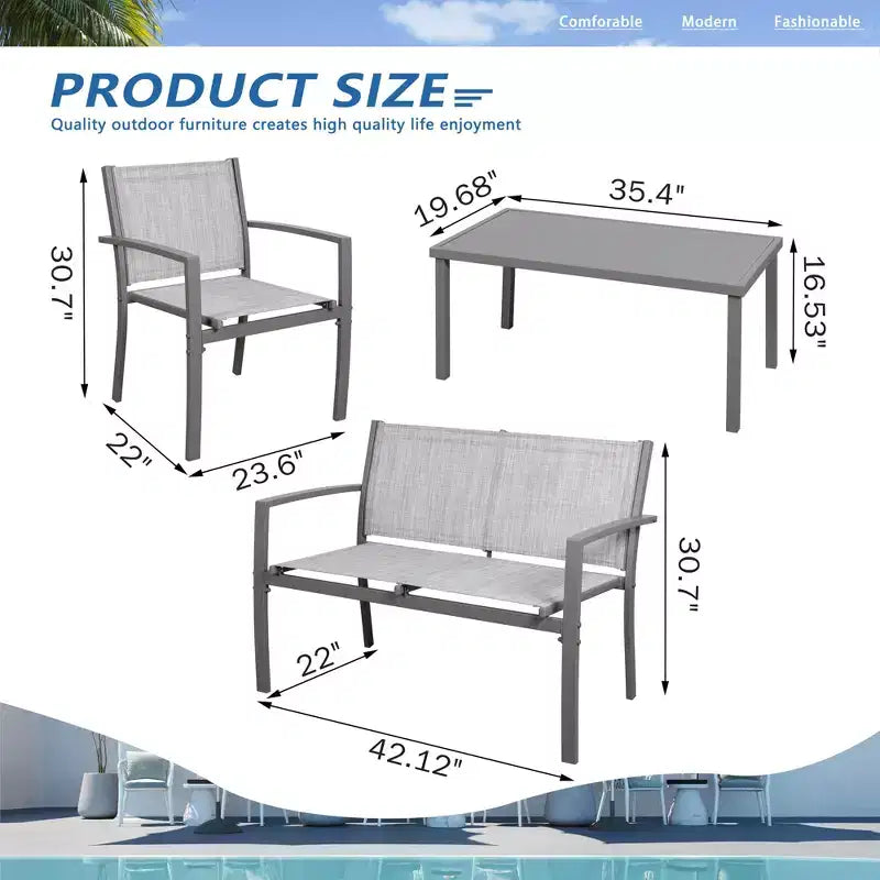 Ensemble de mobilier de terrasse Celebalcony de 4 pièces. Ensemble de conversation d’extérieur toutes saisons en textile avec table basse en verre, causeuse et 2 fauteuils individuels