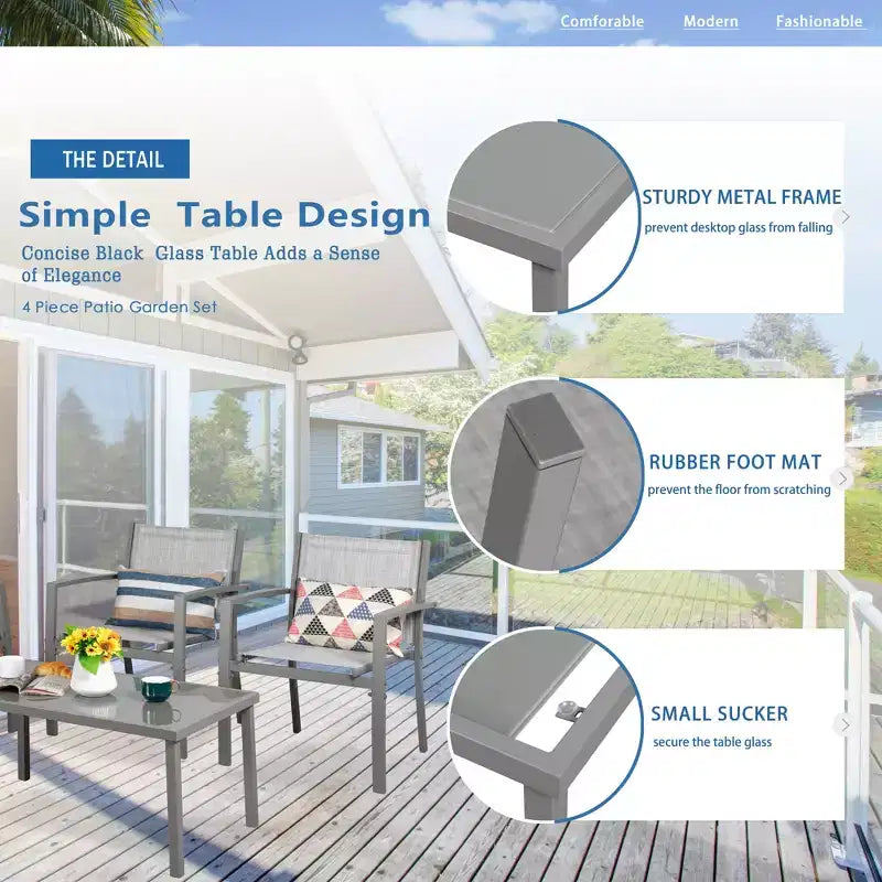 Ensemble de mobilier de terrasse Celebalcony de 4 pièces. Ensemble de conversation d’extérieur toutes saisons en textile avec table basse en verre, causeuse et 2 fauteuils individuels