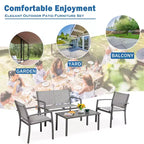 Ensemble de mobilier de terrasse Celebalcony de 4 pièces. Ensemble de conversation d’extérieur toutes saisons en textile avec table basse en verre, causeuse et 2 fauteuils individuels