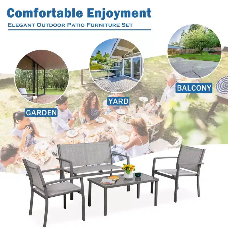 Ensemble de mobilier de terrasse Celebalcony de 4 pièces. Ensemble de conversation d’extérieur toutes saisons en textile avec table basse en verre, causeuse et 2 fauteuils individuels