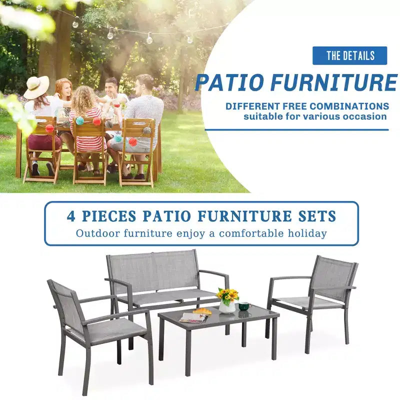 Ensemble de mobilier de terrasse Celebalcony de 4 pièces. Ensemble de conversation d’extérieur toutes saisons en textile avec table basse en verre, causeuse et 2 fauteuils individuels