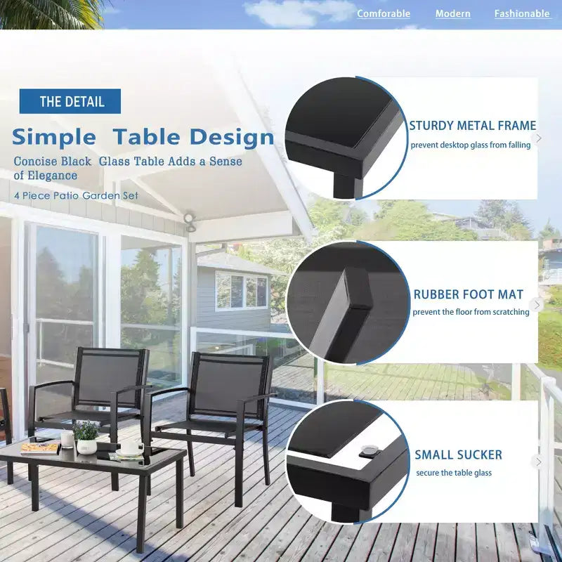 Ensemble de mobilier de terrasse Celebalcony de 4 pièces. Ensemble de conversation d’extérieur toutes saisons en textile avec table basse en verre, causeuse et 2 fauteuils individuels