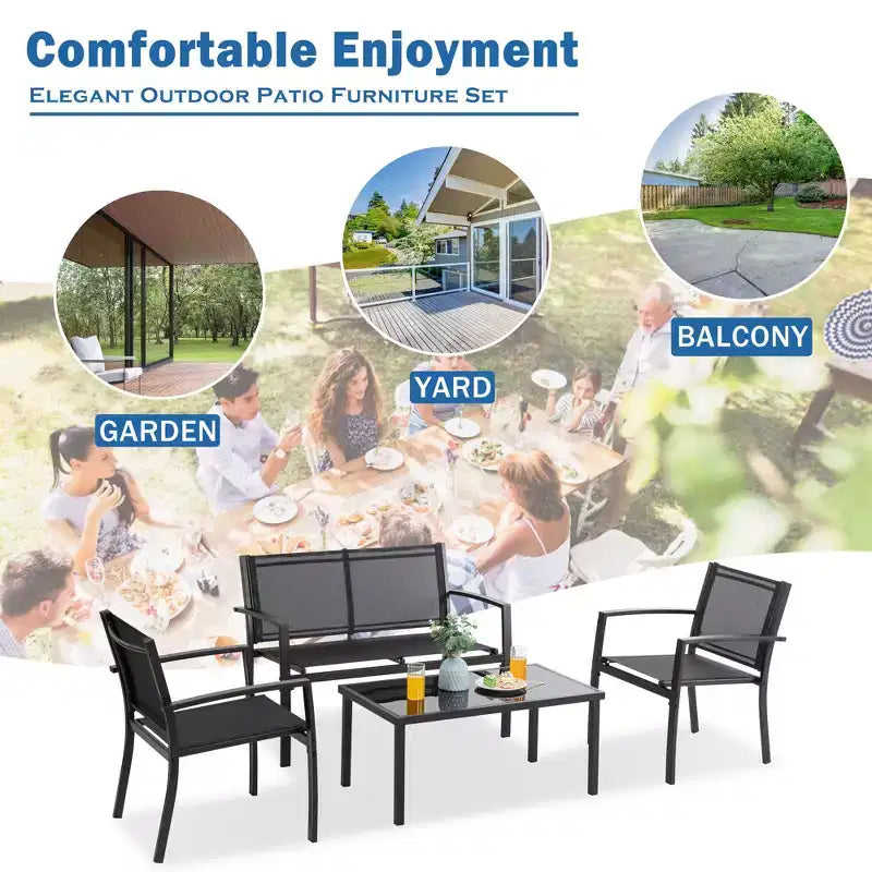 Ensemble de mobilier de terrasse Celebalcony de 4 pièces. Ensemble de conversation d’extérieur toutes saisons en textile avec table basse en verre, causeuse et 2 fauteuils individuels