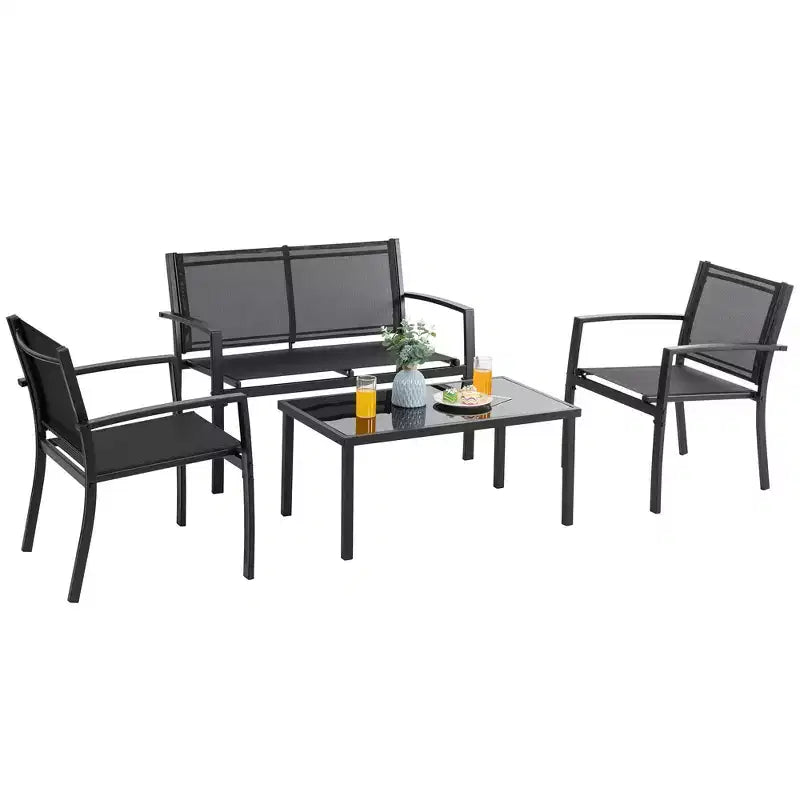 Ensemble de mobilier de terrasse Celebalcony de 4 pièces. Ensemble de conversation d’extérieur toutes saisons en textile avec table basse en verre, causeuse et 2 fauteuils individuels