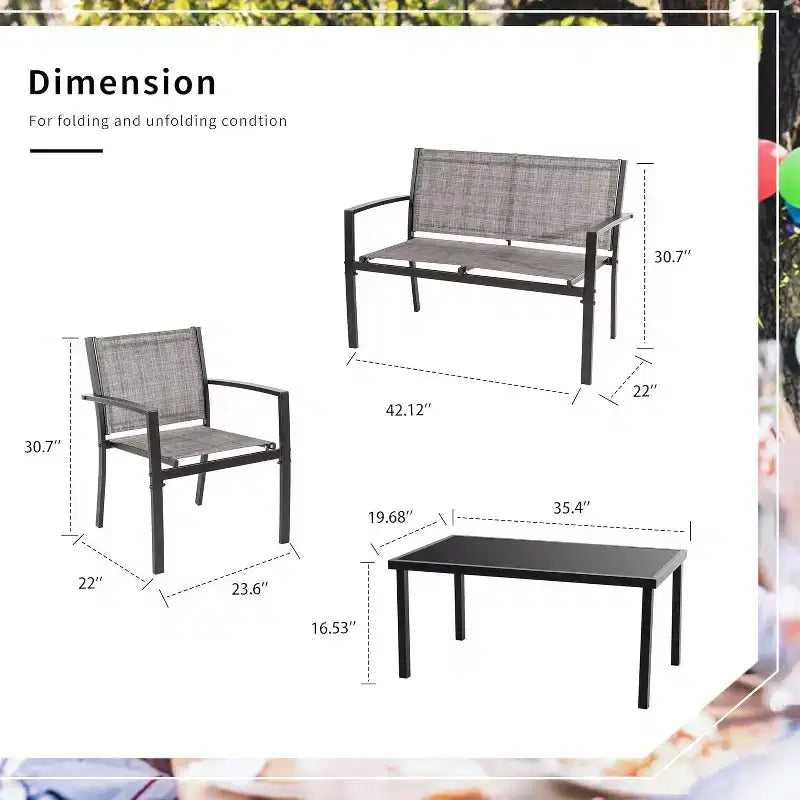 Ensemble de mobilier de terrasse Celebalcony de 4 pièces. Ensemble de conversation d’extérieur toutes saisons en textile avec table basse en verre, causeuse et 2 fauteuils individuels