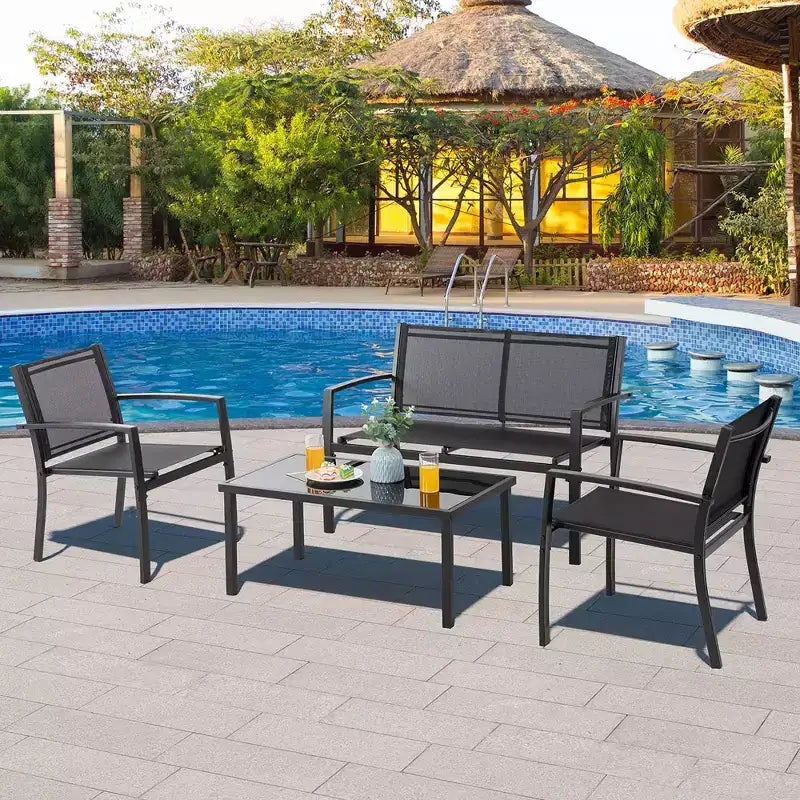 Celebalcony 4 Pieces Patio Furniture Set. All Weather Textile Fabric Outdoor Conversation Set with Glass Coffee Table,Loveseat,2 Single Chairs