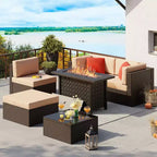 Celebalcony 6 Piece Patio Furniture Sets with 45In Fire Pit Table.PE Wicker Rattan Outdoor Sectional Sofa Couch Conversation Set w/Glass Table