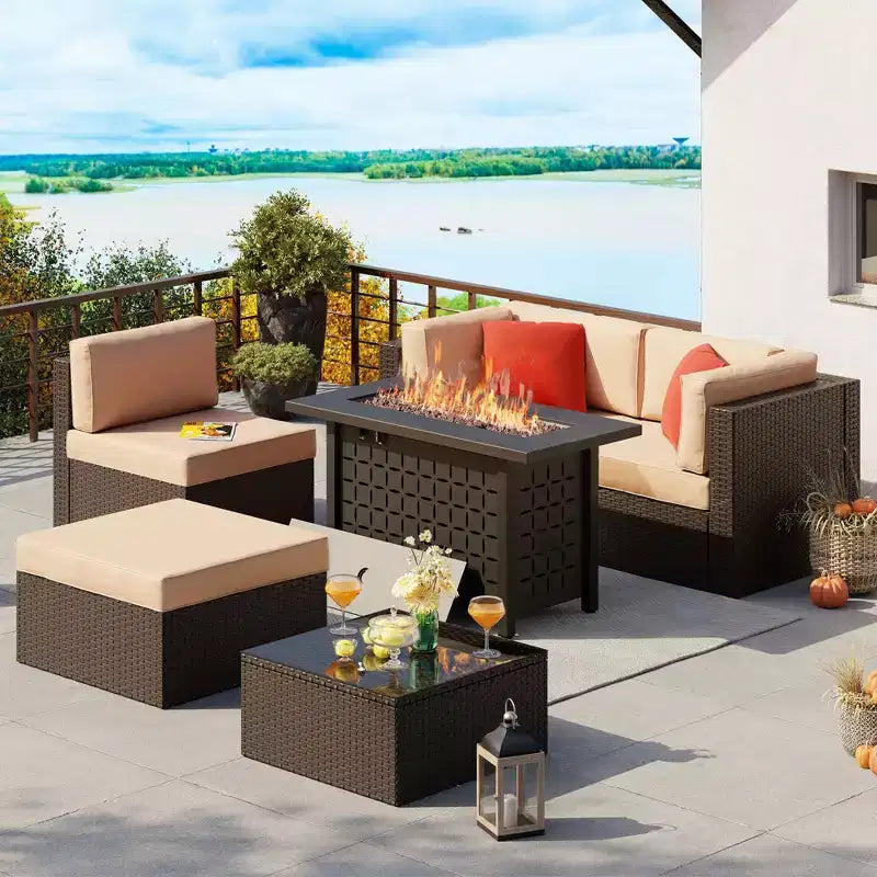 Celebalcony 6 Piece Patio Furniture Sets with 45In Fire Pit Table.PE Wicker Rattan Outdoor Sectional Sofa Couch Conversation Set w/Glass Table