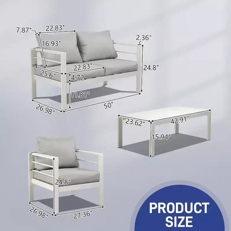 VINGLI Mobilier de jardin en aluminium, ensemble canapé et table basse, ensemble de salon de jardin moderne (blanc)