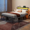 Queen Size Black Metal Platform Bed Frame with Storage Headboard LED Light Built-in Charging Station USB Ports Underbed Storage No Box Spring Needed