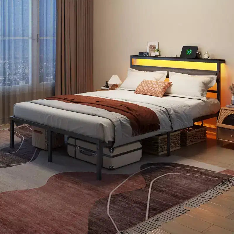 Queen Size Black Metal Platform Bed Frame with Storage Headboard LED Light Built-in Charging Station USB Ports Underbed Storage No Box Spring Needed