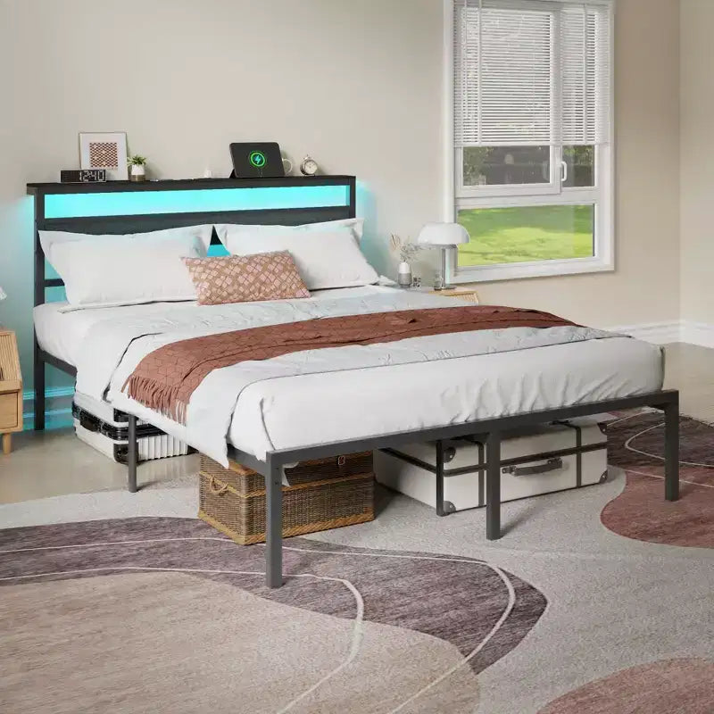 Queen Size Black Metal Platform Bed Frame with Storage Headboard LED Light Built-in Charging Station USB Ports Underbed Storage No Box Spring Needed