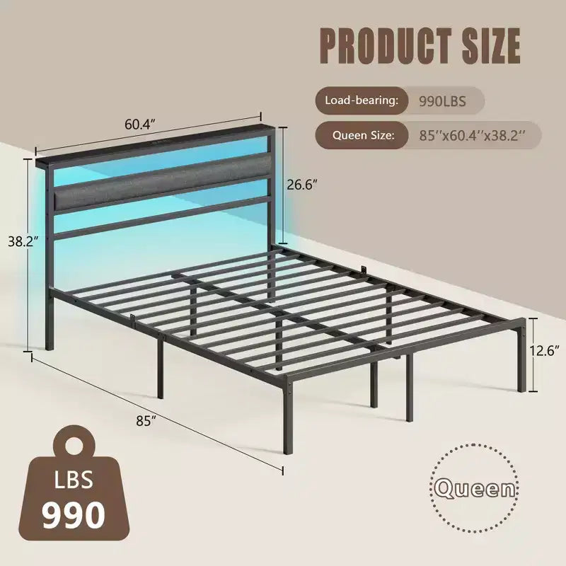 Queen Size Black Metal Platform Bed Frame with Storage Headboard LED Light Built-in Charging Station USB Ports Underbed Storage No Box Spring Needed