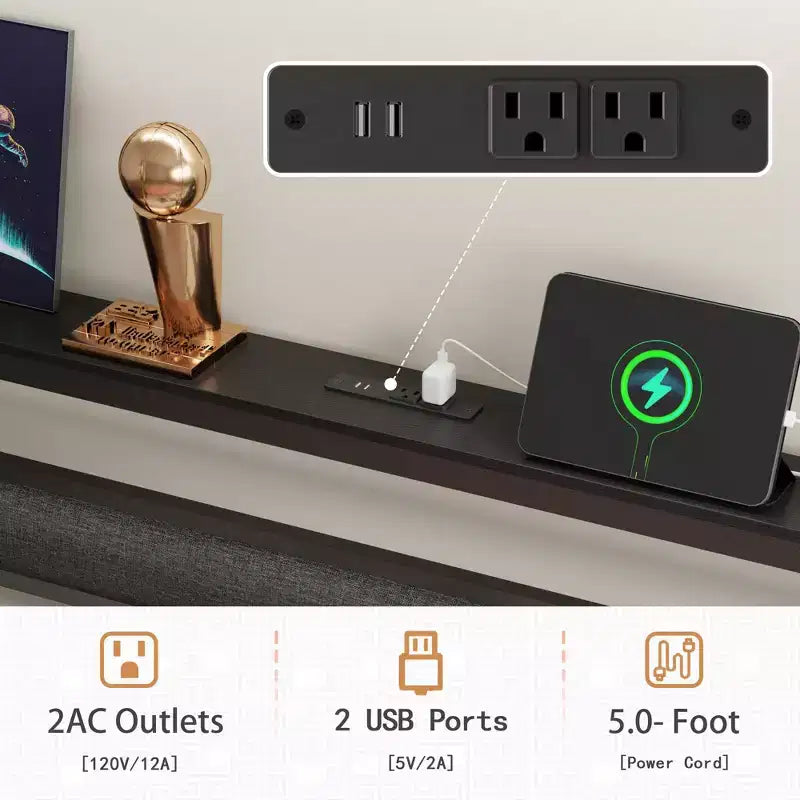 Queen méretű fekete fém platformágy tárolós fejtámlával, beépített LED-világítással és töltőállomással, USB-portokkal, ágy alatti tárolóval, ágyrács és ágyalap nem szükséges