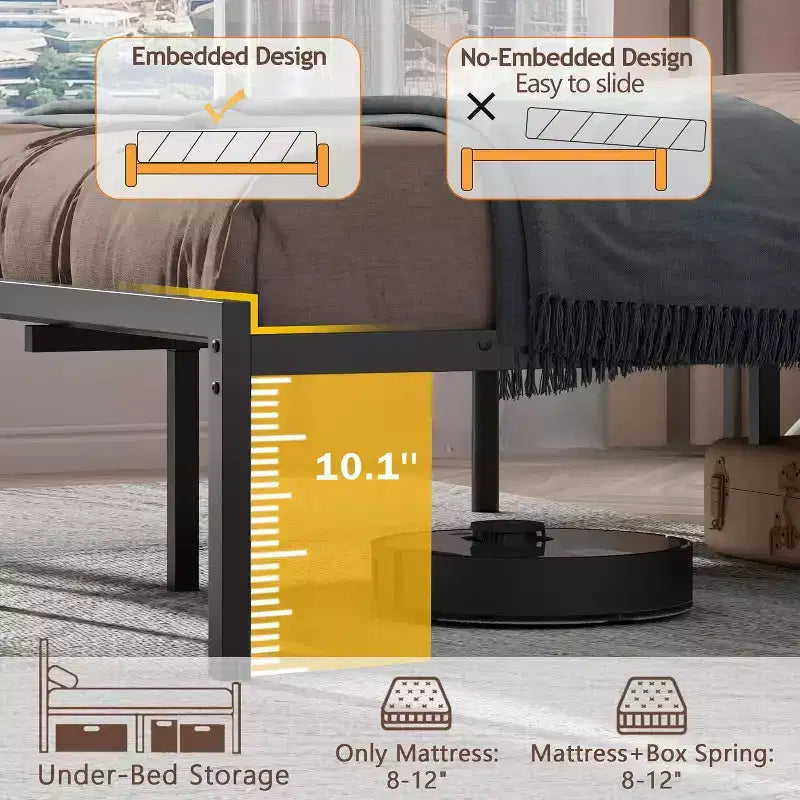 Queen méretű fekete fém platformágy tárolós fejtámlával, beépített LED-világítással és töltőállomással, USB-portokkal, ágy alatti tárolóval, ágyrács és ágyalap nem szükséges