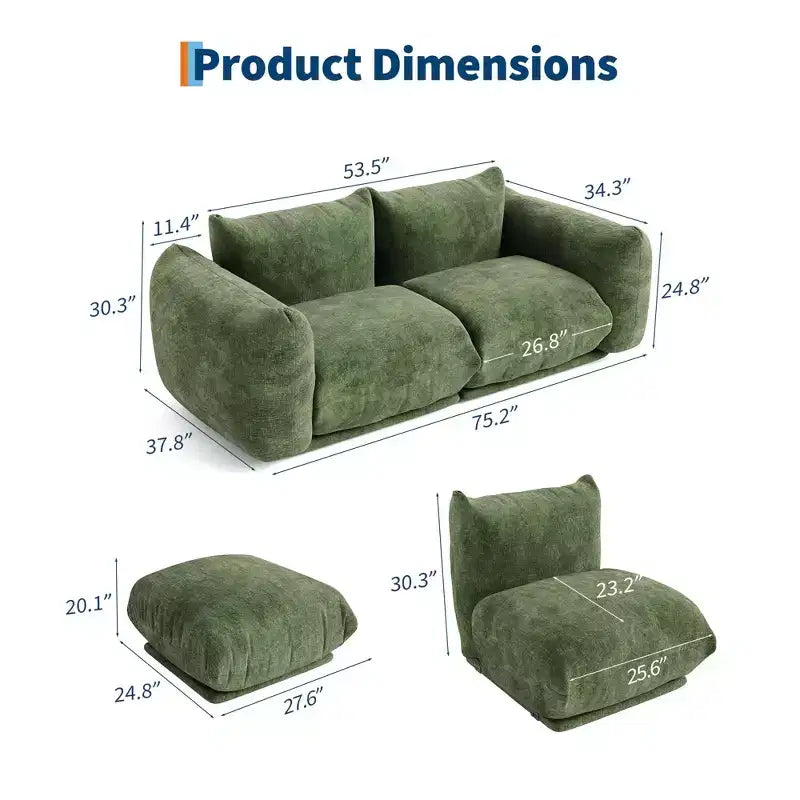 Chenille Fabric Modular Love Seat Sofa, 2-Seater Cloud Couch with High Resilience Sponge, Small Space Boneless Sofa for Apartment, Office