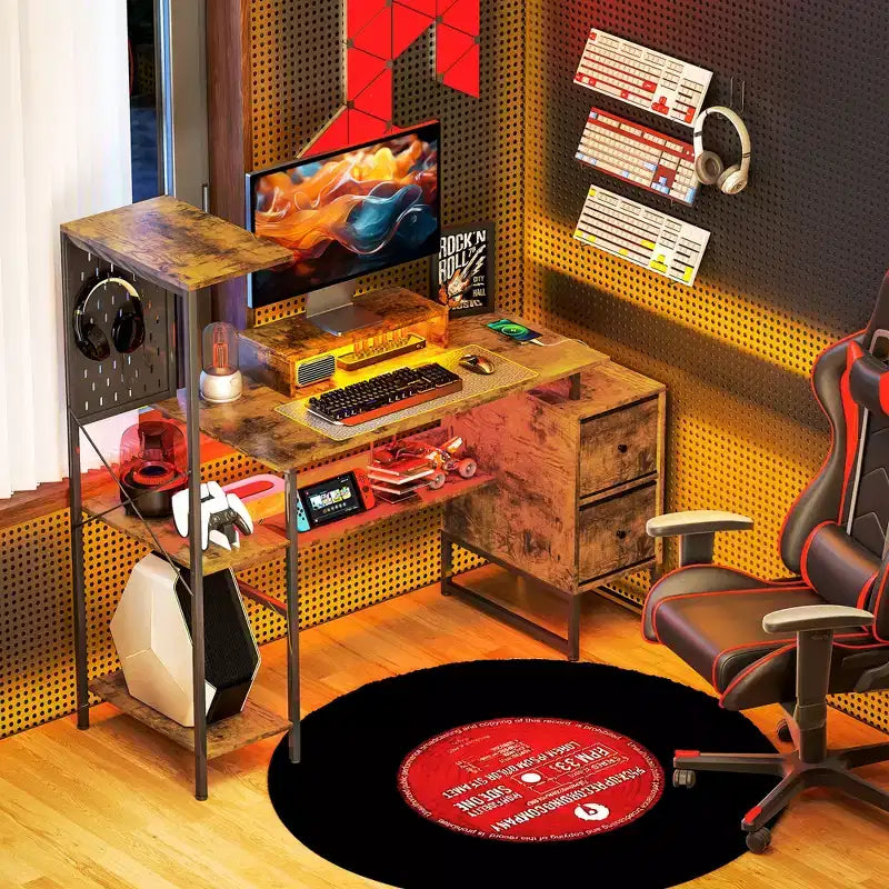 Bureau d’ordinateur de 56 avec rangement, table informatique avec prises électriques et éclairage LED