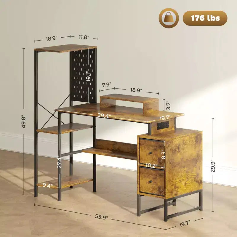 Bureau d’ordinateur de 56 avec rangement, table informatique avec prises électriques et éclairage LED