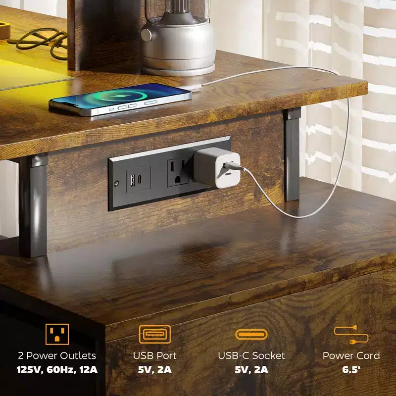 Bureau d’ordinateur de 56 avec rangement, table informatique avec prises électriques et éclairage LED