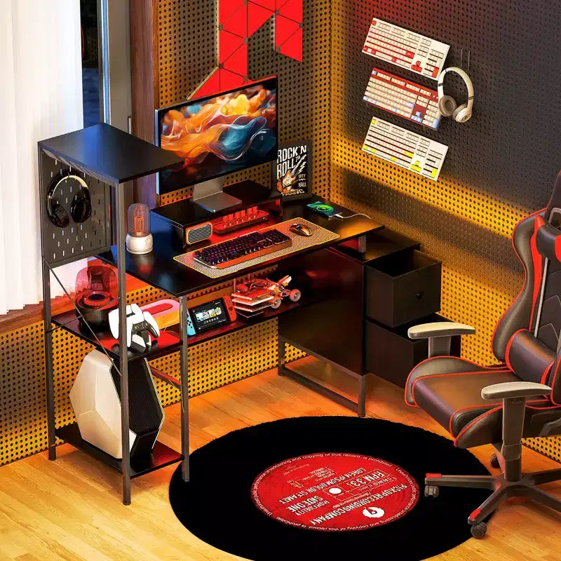 Bureau d’ordinateur de 56 avec rangement, table informatique avec prises électriques et éclairage LED