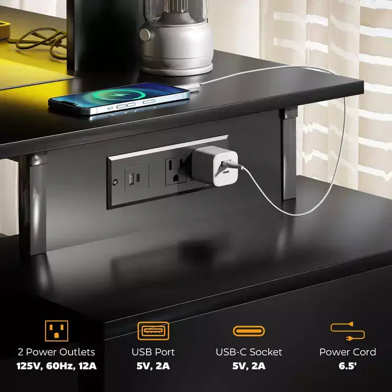 Bureau d’ordinateur de 56 avec rangement, table informatique avec prises électriques et éclairage LED