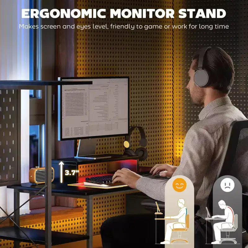 Bureau d’ordinateur de 56 avec rangement, table informatique avec prises électriques et éclairage LED