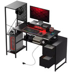 56 Computer Desk with Storage, Computer Table with Power Outlets and LED Lights