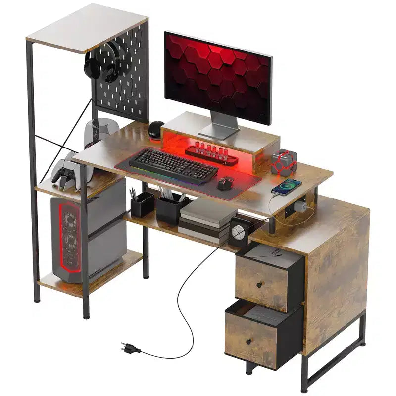 Escritorio para computadora de 56 con almacenamiento, mesa para computadora con tomas de corriente y luces LED