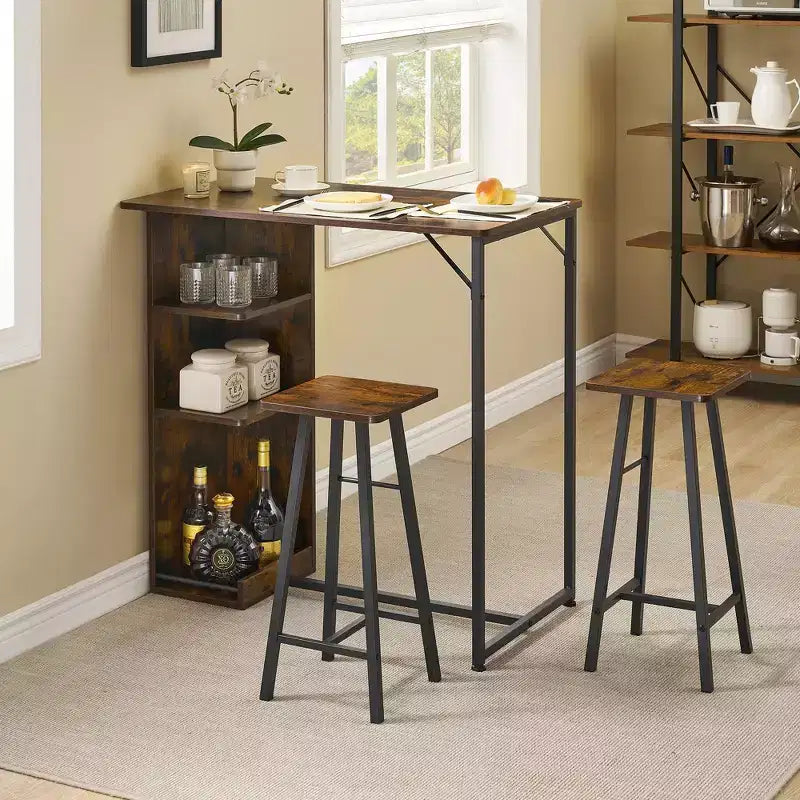 COZONY 3-teiliges Set aus Bartisch und Stühlen, Esszimmertisch-Set mit 3 Ablageböden und Hockern