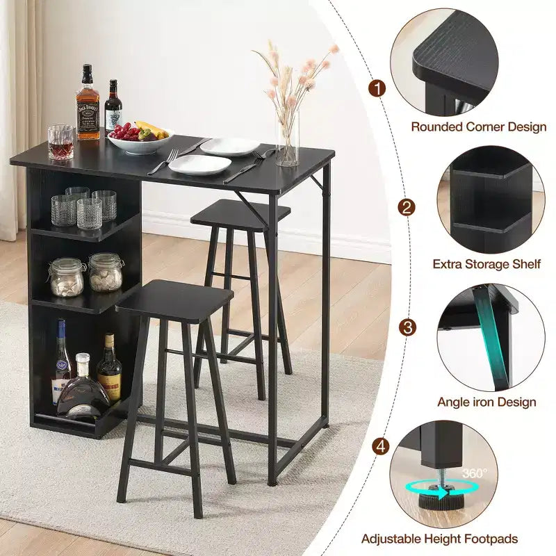 COZONY 3-teiliges Set aus Bartisch und Stühlen, Esszimmertisch-Set mit 3 Ablageböden und Hockern