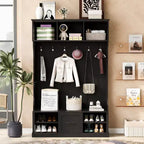 Okak Modern Hall Tree with 6 Hooks, Coat Rack with Bench and Spacious Drawer, Entryway Storage for Entrance, Living Room, Black
