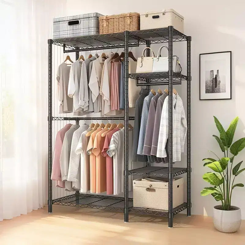 Okak Heavy Duty Storage Rack with 6 Adjustable Wire Shelving, Freestanding Coat Rack with 3 Clothes Rails, Hall Tree for Living Room, Bedroom, Black
