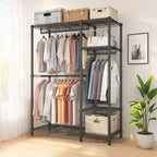 Okak Heavy Duty Storage Rack with 6 Adjustable Wire Shelving, Freestanding Coat Rack with 3 Clothes Rails, Hall Tree for Living Room, Bedroom, Black
