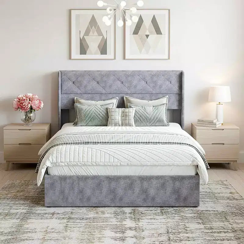 MAYEERTY Noise-Free Lift-Up Storage Bed with Heavy-Duty Structure, Easy Assembly & Elegant Winged Headboard