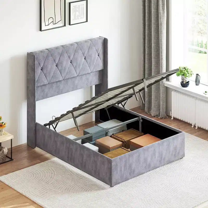 MAYEERTY Noise-Free Lift-Up Storage Bed with Heavy-Duty Structure, Easy Assembly & Elegant Winged Headboard