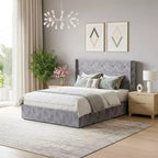 MAYEERTY Noise-Free Lift-Up Storage Bed with Heavy-Duty Structure, Easy Assembly & Elegant Winged Headboard