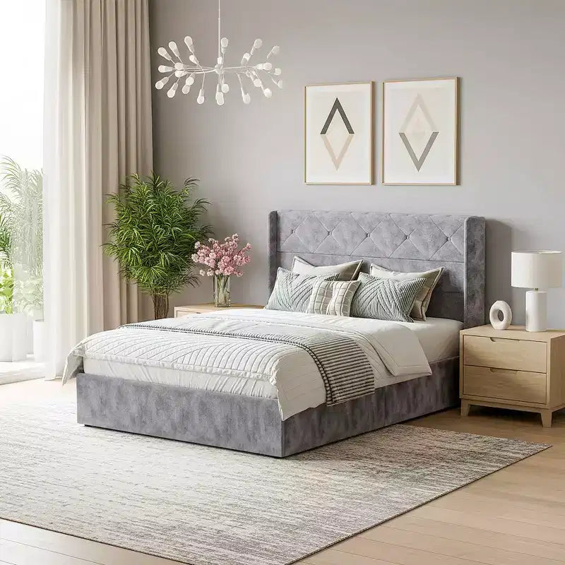 MAYEERTY Noise-Free Lift-Up Storage Bed with Heavy-Duty Structure, Easy Assembly & Elegant Winged Headboard
