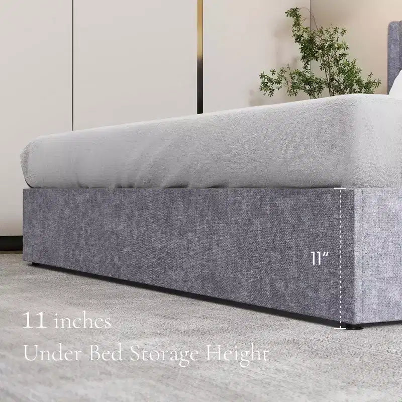 MAYEERTY Noise-Free Lift-Up Storage Bed with Heavy-Duty Structure, Easy Assembly & Elegant Winged Headboard